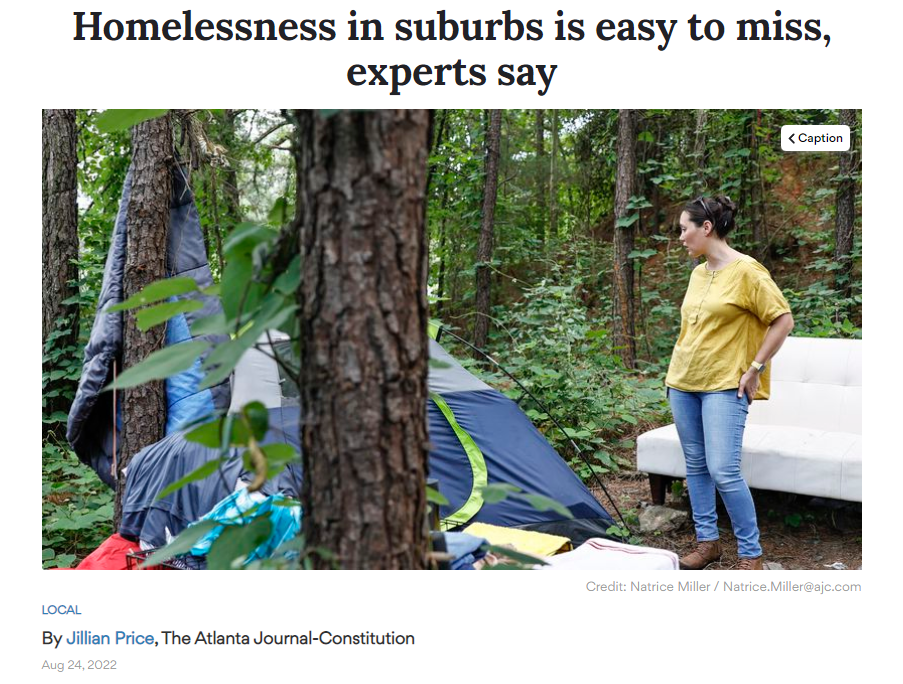 Tina Emond, former Director of Coordinated Entry at HomeFirst Gwinnett talks to a woman living in a tent tucked in a wooded area in Norcross on Friday, July 15, 2002.